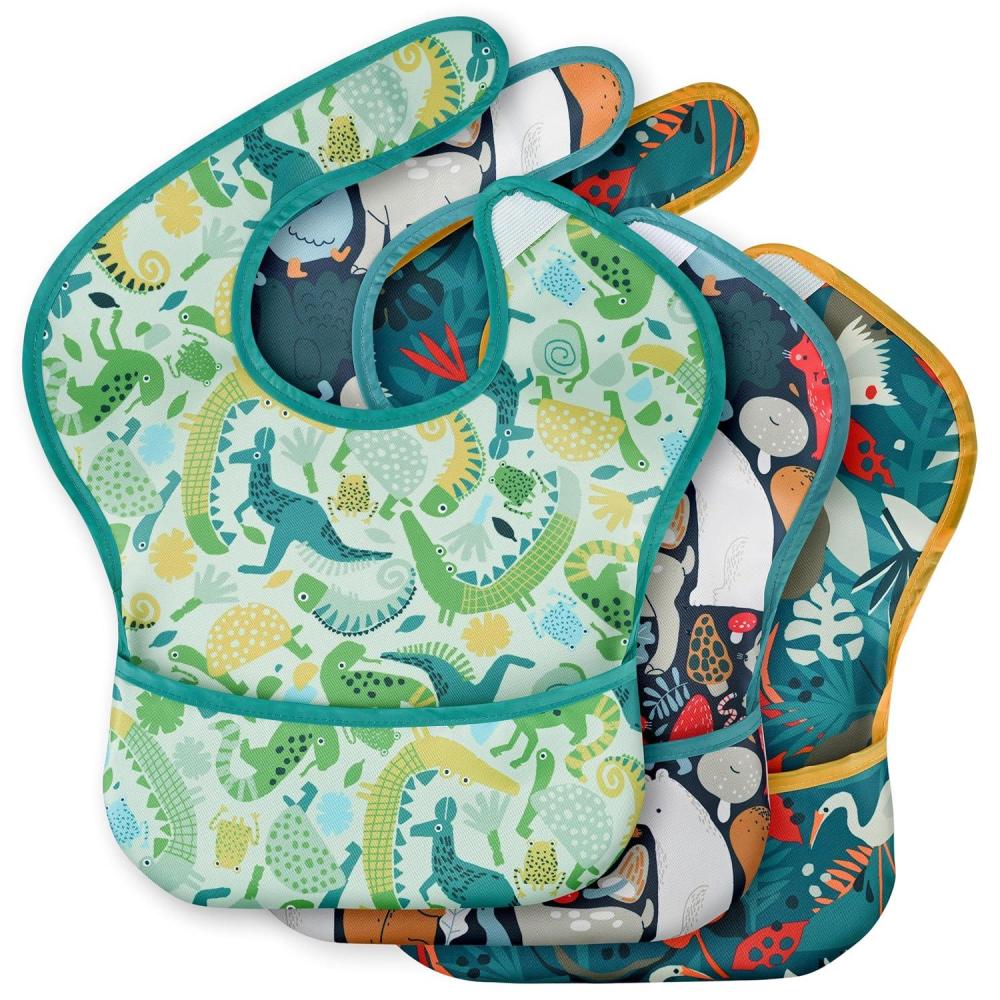 image:image3Pack Waterproof Baby Bibs for Eating Mess Proof Lightweight Toddler Feeding Bibs with Large Food Catcher FoodGrade Baby Eating Essentials Easy to Put On amp CleanPink FloralGreen Dino Animal
