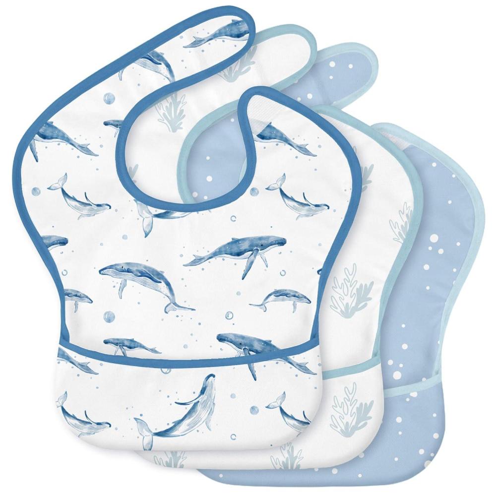 image:image3Pack Waterproof Baby Bibs for Eating Mess Proof Lightweight Toddler Feeding Bibs with Large Food Catcher FoodGrade Baby Eating Essentials Easy to Put On amp CleanPink FloralBlue Ocean Whale