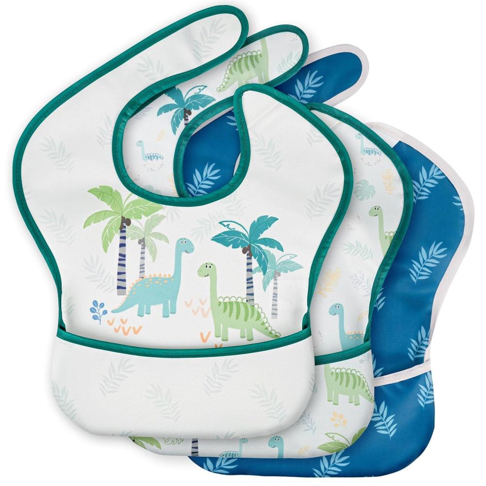 image:image3Pack Waterproof Baby Bibs for Eating Mess Proof Lightweight Toddler Feeding Bibs with Large Food Catcher FoodGrade Baby Eating Essentials Easy to Put On amp CleanPink FloralBlue Dinosaur
