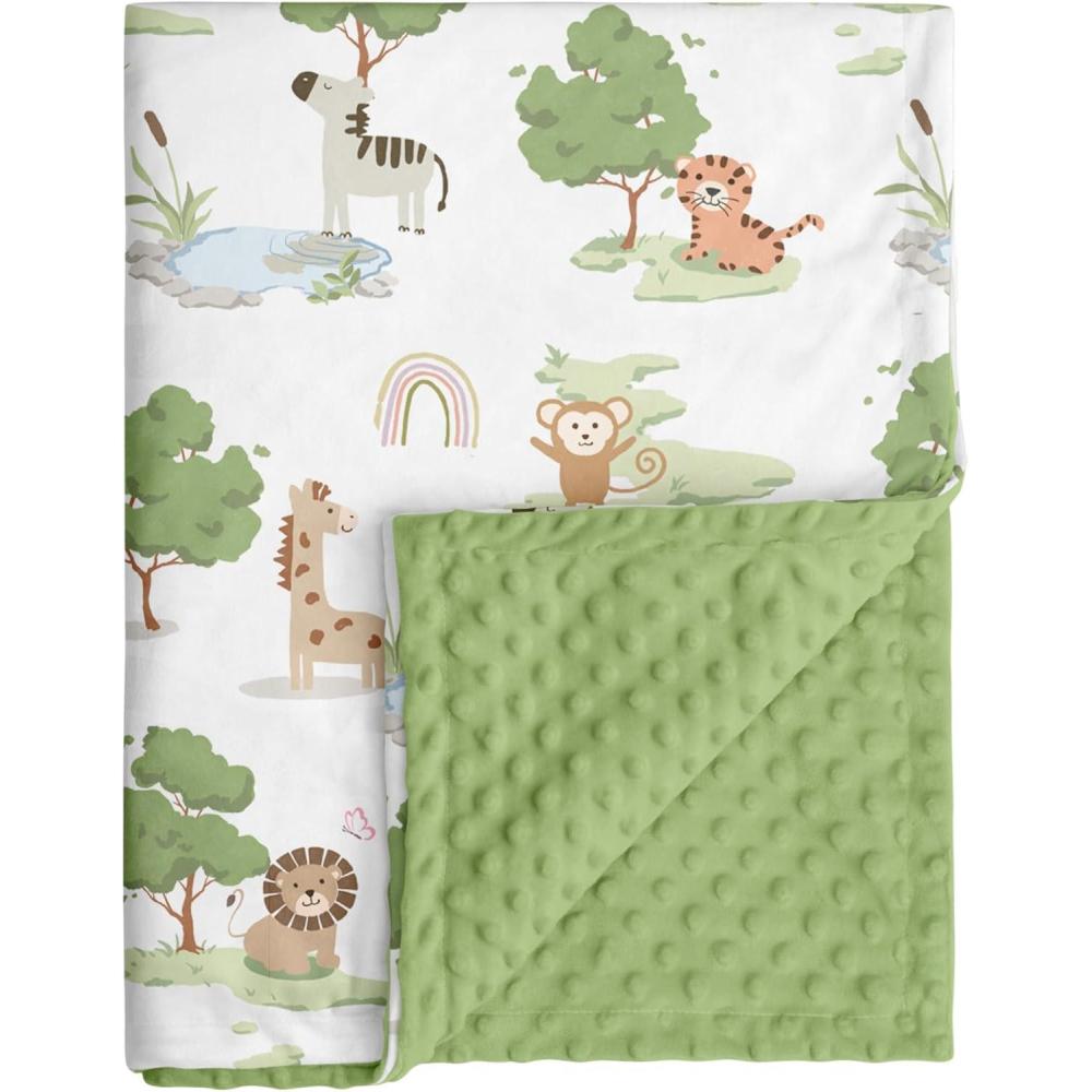 image:imageBaby Minky Blanket for Boys Girl Super Soft Newborn Nursery Blanket with Double Layer Dotted Backing 30x40 Cozy Printed Bed Throw Blanket Undersea WorldGreen Animals