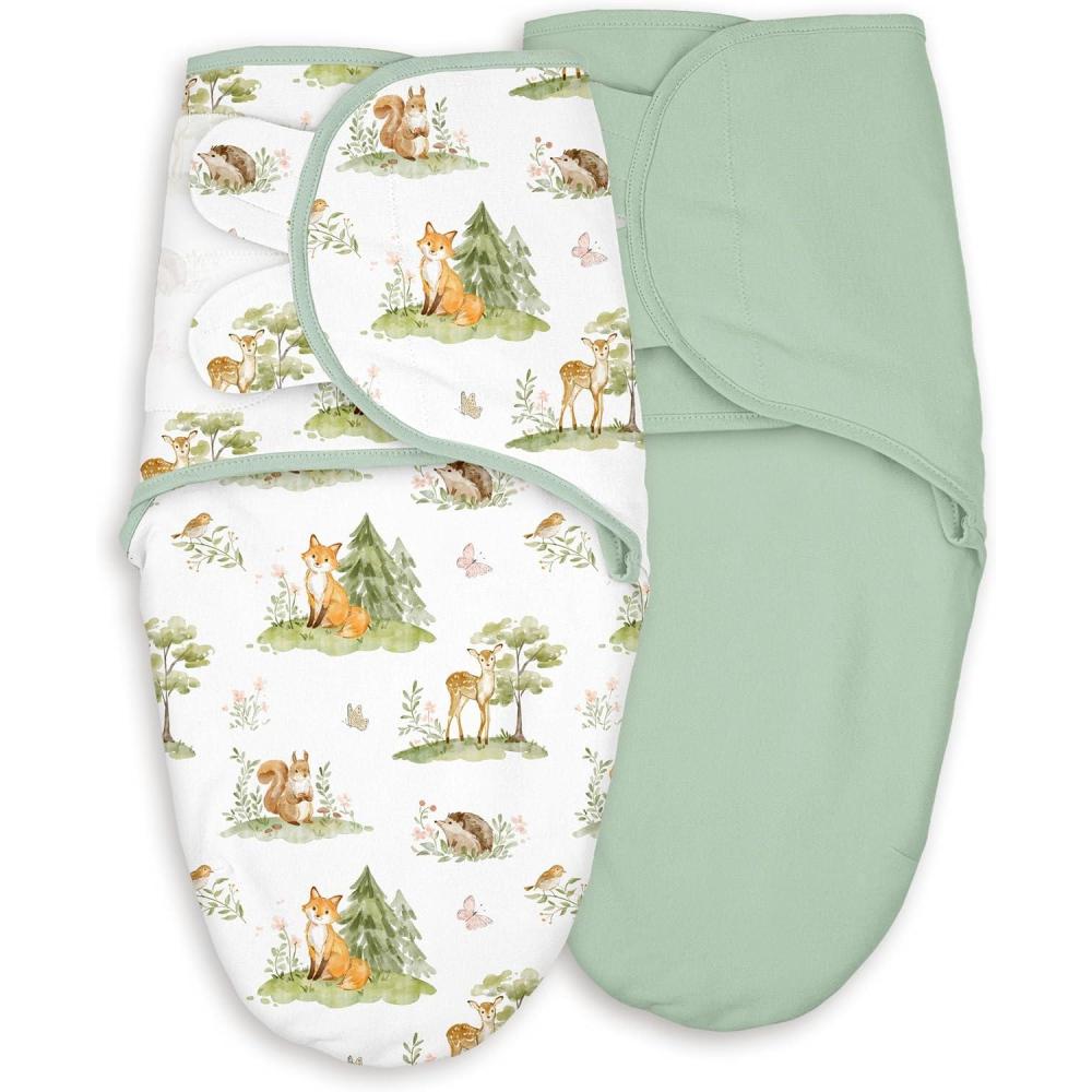 image:imageBaby Swaddles for Newborn Organic CottonSoft amp Snug Newborn Velcro Swaddle 03 Months Sleep Sack Helps Calm Startle Reflex 2Pack Wrap Nursery Swaddling Blankets ElephantGreen Jungle Animals
