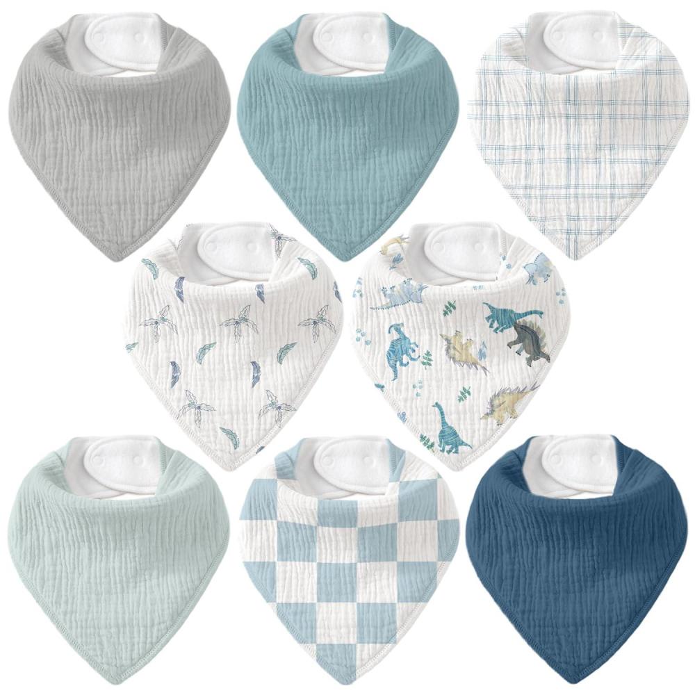 image:imageMuslin Baby Bibs 8 Pack Baby Bandana Drool Bib for Drooling and Teething Cotton Soft Absorbent for Girls Boys Calm Style Plain Solid ColorA Blue Dinosaur