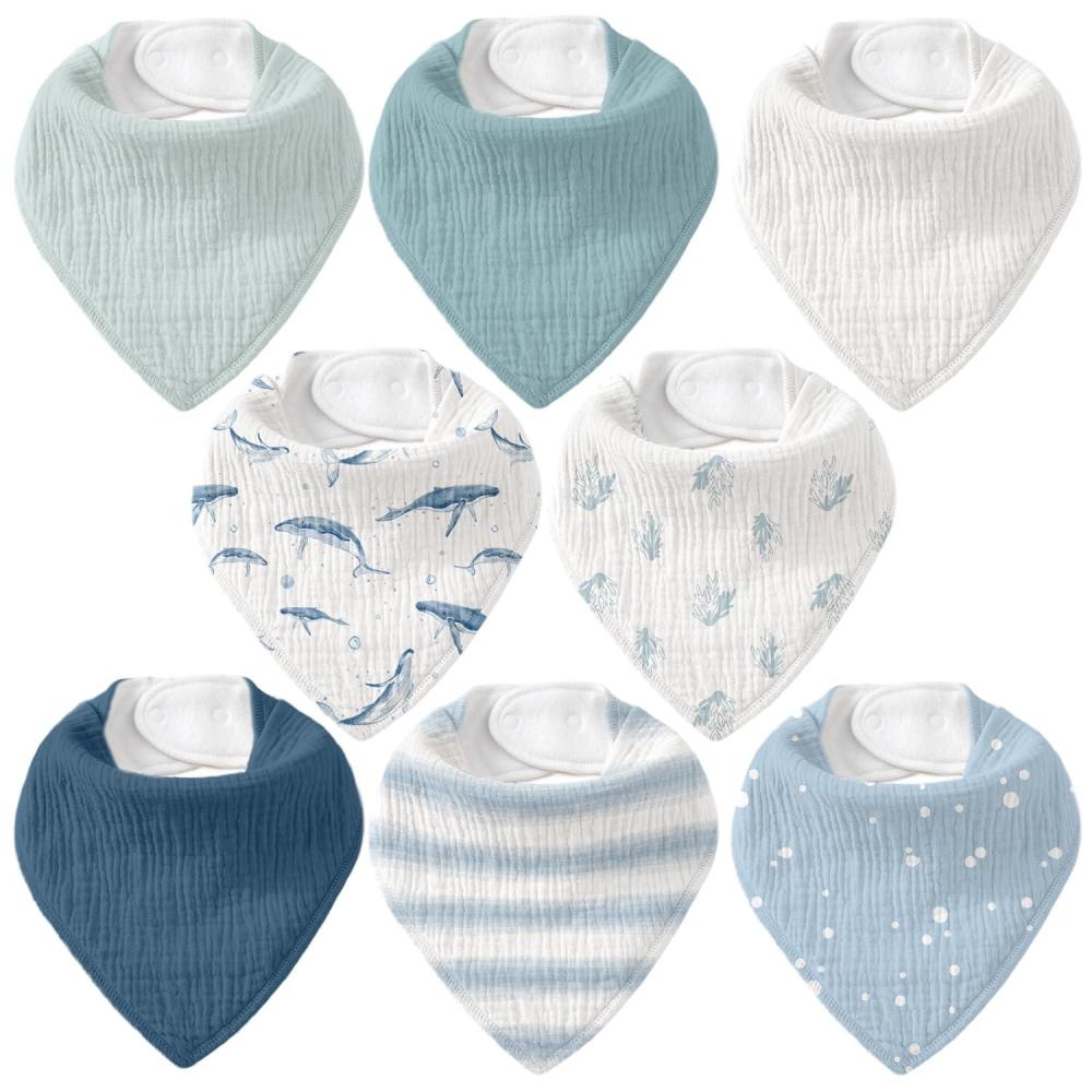 image:imageMuslin Baby Bibs 8 Pack Baby Bandana Drool Bib for Drooling and Teething Cotton Soft Absorbent for Girls Boys Calm Style Plain Solid ColorBlue Ocean Whale