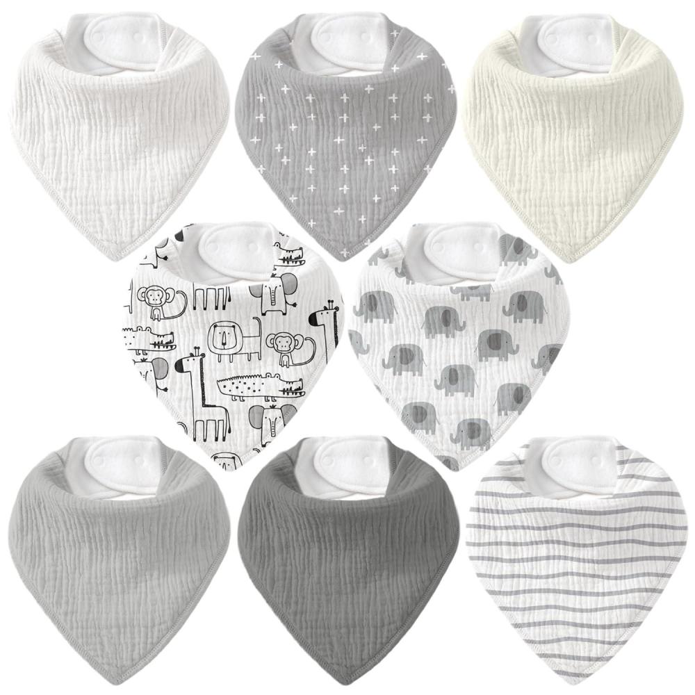 image:imageMuslin Baby Bibs 8 Pack Baby Bandana Drool Bib for Drooling and Teething Cotton Soft Absorbent for Girls Boys Calm Style Plain Solid ColorGrey Animals