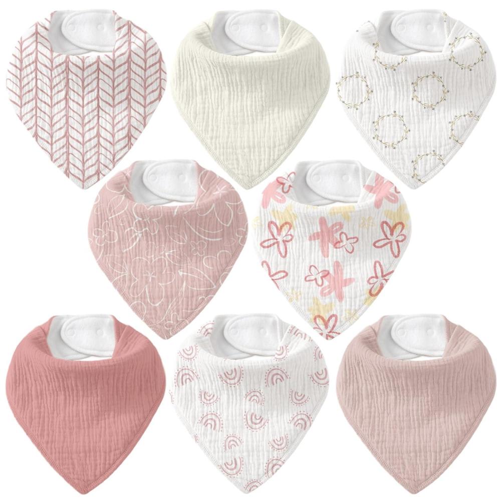 image:imageMuslin Baby Bibs 8 Pack Baby Bandana Drool Bib for Drooling and Teething Cotton Soft Absorbent for Girls Boys Calm Style Plain Solid ColorPink Floral