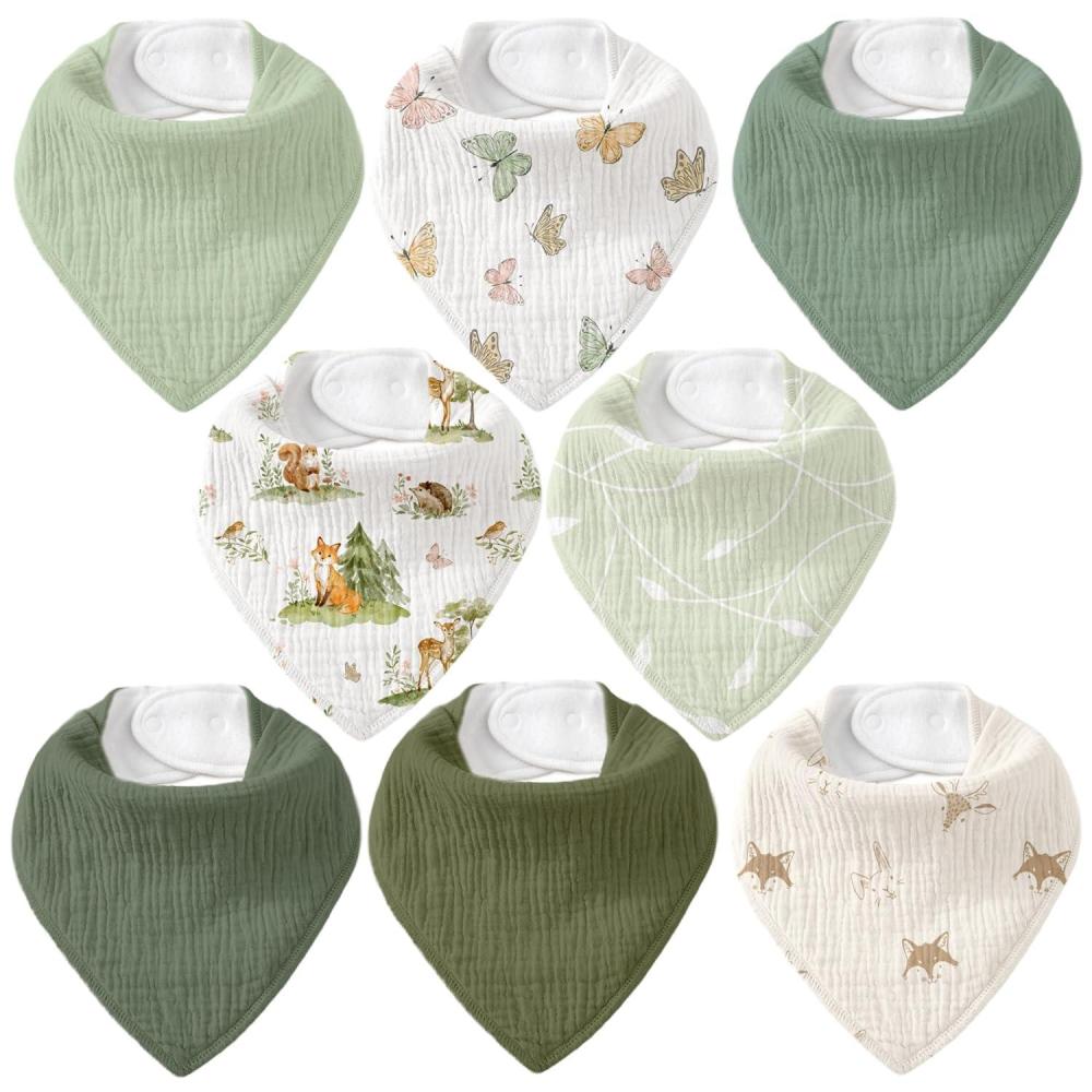 image:imageMuslin Baby Bibs 8 Pack Baby Bandana Drool Bib for Drooling and Teething Cotton Soft Absorbent for Girls Boys Calm Style Plain Solid ColorSage Green Jungle Animals