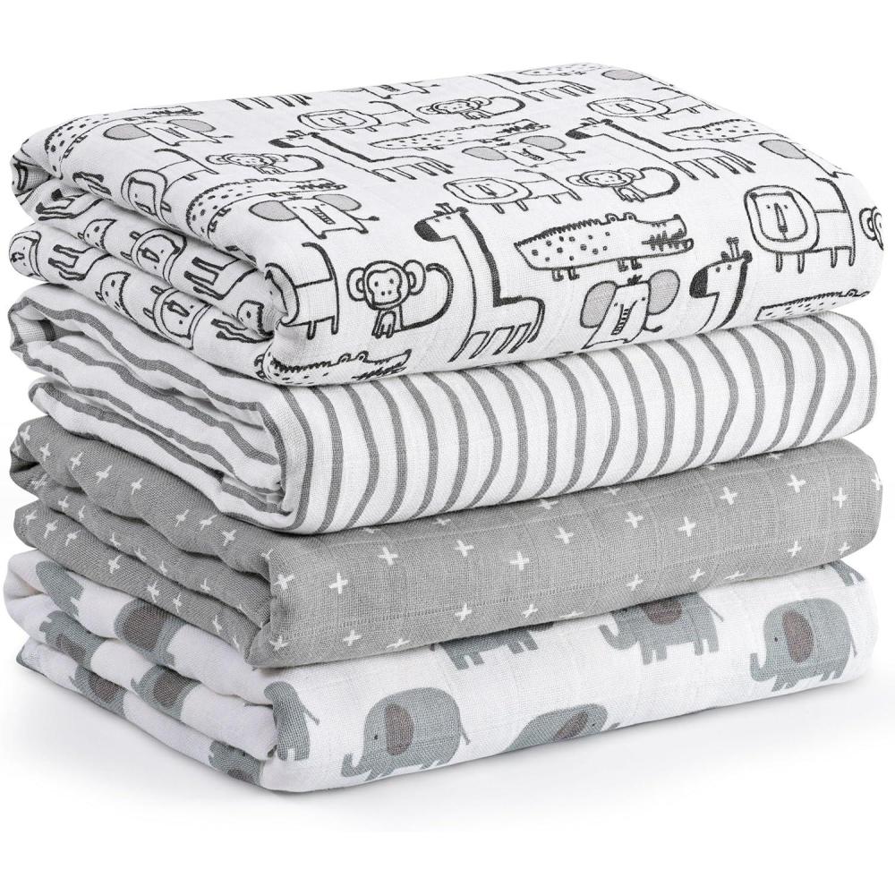 image:imageMuslin Swaddle Blankets for Newborn 4 Pack Cotton Baby Blankets Large 315 x 433 inch Breathable Soft Receiving Blanket Essentials Swaddle Wrap Burping Clothes Blue Farm CountryGrey Animals
