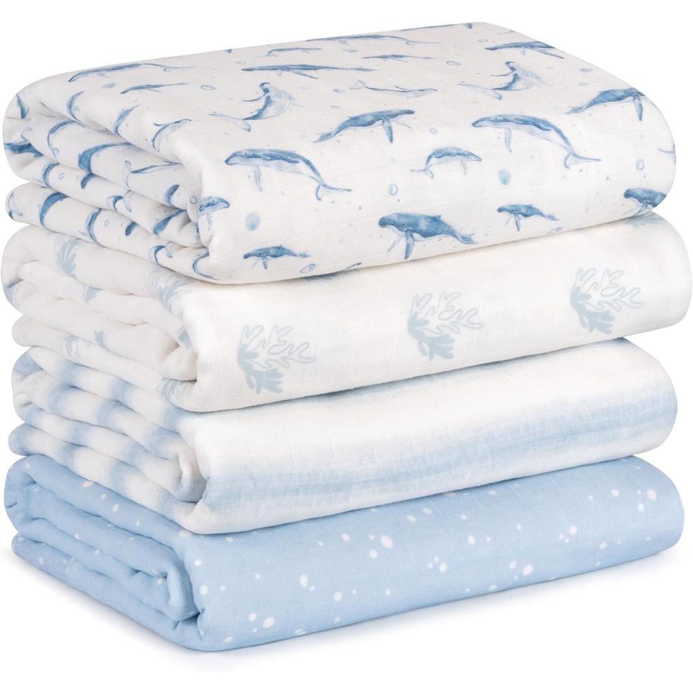 image:imageMuslin Swaddle Blankets for Newborn 4 Pack Cotton Baby Blankets Large 315 x 433 inch Breathable Soft Receiving Blanket Essentials Swaddle Wrap Burping Clothes Blue Farm CountryBlue Ocean Whale
