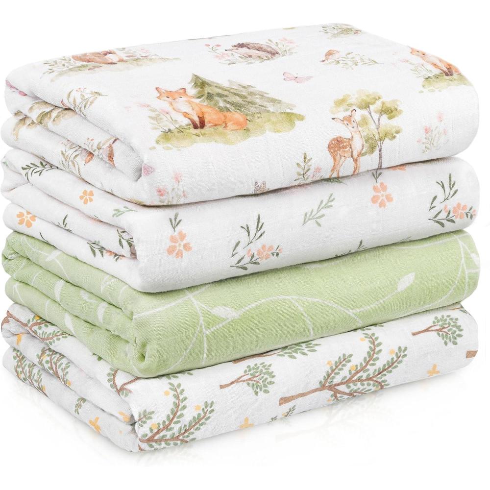 image:imageMuslin Swaddle Blankets for Newborn 4 Pack Cotton Baby Blankets Large 315 x 433 inch Breathable Soft Receiving Blanket Essentials Swaddle Wrap Burping Clothes Blue Farm CountrySage Green Jungle Animals