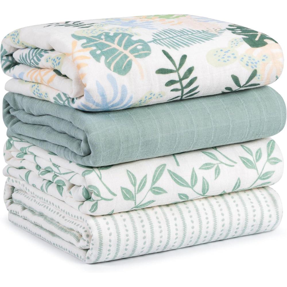 image:imageMuslin Swaddle Blankets for Newborn 4 Pack Cotton Baby Blankets Large 315 x 433 inch Breathable Soft Receiving Blanket Essentials Swaddle Wrap Burping Clothes Blue Farm CountrySage Green Leave