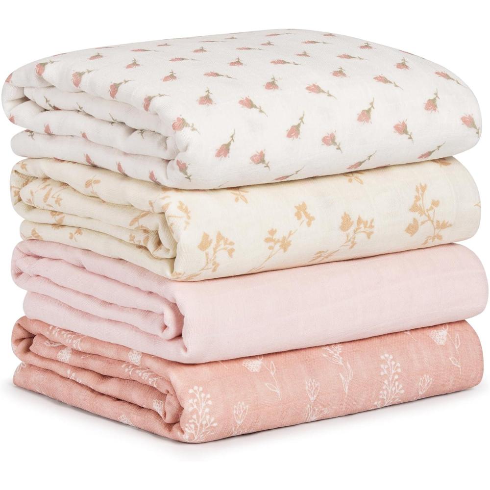 image:imageMuslin Swaddle Blankets for Newborn 4 Pack Cotton Baby Blankets Large 315 x 433 inch Breathable Soft Receiving Blanket Essentials Swaddle Wrap Burping Clothes Blue Farm CountryPink Floral
