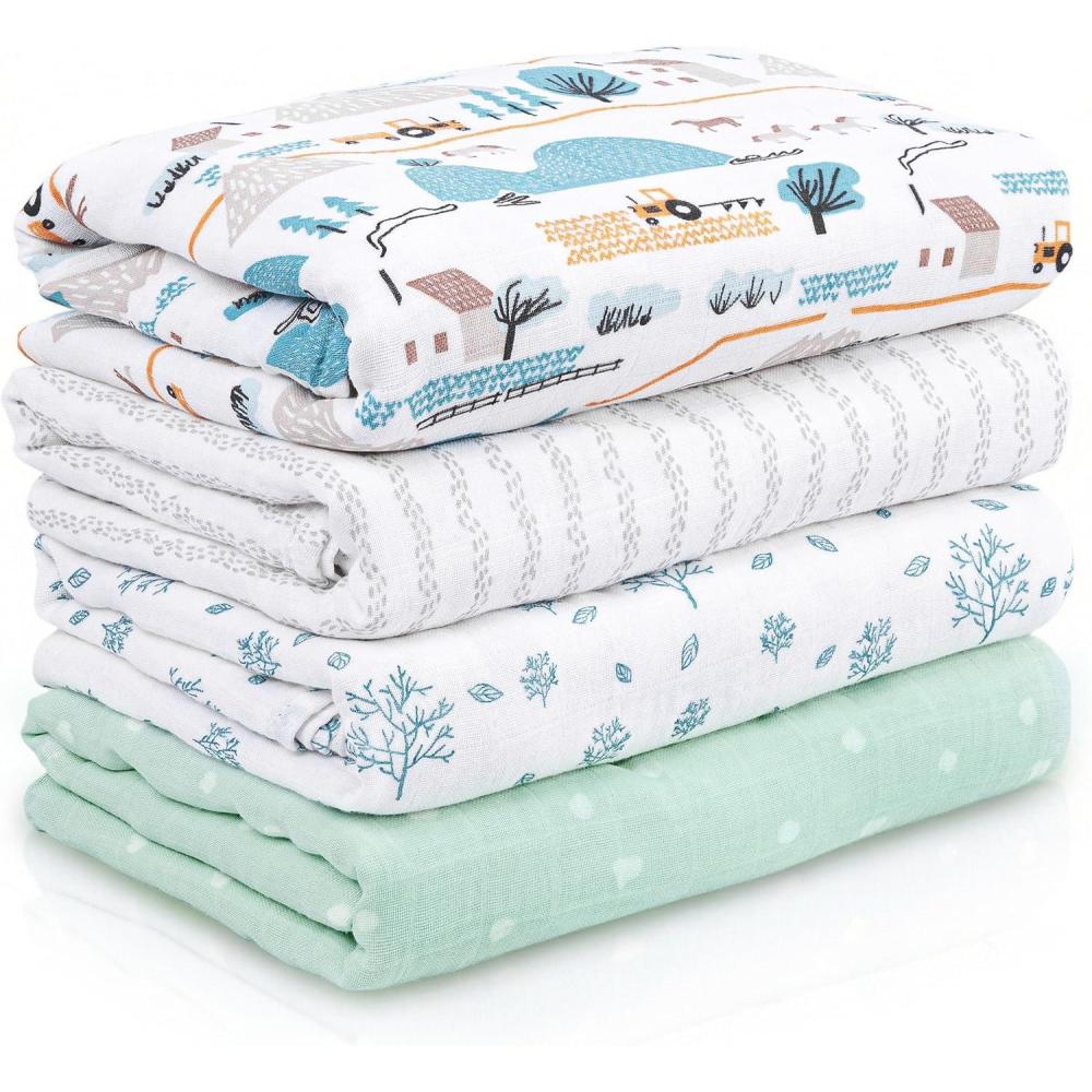 image:imageMuslin Swaddle Blankets for Newborn 4 Pack Cotton Baby Blankets Large 315 x 433 inch Breathable Soft Receiving Blanket Essentials Swaddle Wrap Burping Clothes Blue Farm CountryLight Blue Farm Country