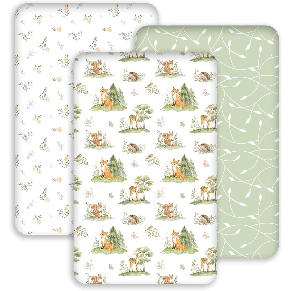 image:imageNap Mat Sheet 47x24 3 Pack Pink Floral Baby Crib Sheets Fitted Elastic Corners Preschool Day Care Rest Mat Cover Soft Breathable Compatible with Regalo My Cot Joovy Travel CotGreen Animals