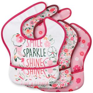 image:image3Pack Waterproof Baby Bibs for Eating  Mess Proof Lightweight Toddler Feeding Bibs with Large Food Catcher FoodGrade Baby Eating Essentials Easy to Put On amp CleanPink FloralA Pink Floral