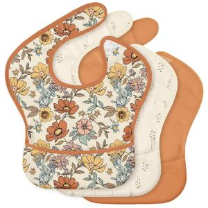 image:image3Pack Waterproof Baby Bibs for Eating  Mess Proof Lightweight Toddler Feeding Bibs with Large Food Catcher FoodGrade Baby Eating Essentials Easy to Put On amp CleanPink FloralChocolate Retro Floral