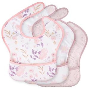 image:image3Pack Waterproof Baby Bibs for Eating  Mess Proof Lightweight Toddler Feeding Bibs with Large Food Catcher FoodGrade Baby Eating Essentials Easy to Put On amp CleanPink FloralLight Pink Blossom