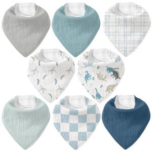 image:imageMuslin Baby Bibs 8 Pack Baby Bandana Drool Bib for Drooling and Teething Cotton Soft Absorbent for Girls Boys Calm Style Plain Solid ColorA Blue Dinosaur