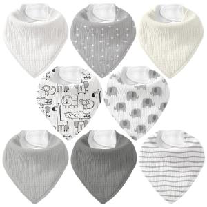 image:imageMuslin Baby Bibs 8 Pack Baby Bandana Drool Bib for Drooling and Teething Cotton Soft Absorbent for Girls Boys Calm Style Plain Solid ColorGrey Animals