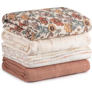 image:imageMuslin Swaddle Blankets for Newborn 4 Pack Cotton Baby Blankets Large 315 x 433 inch Breathable Soft Receiving Blanket Essentials Swaddle Wrap Burping Clothes Blue Farm CountryChocolate Retro Floral