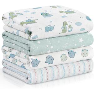 image:imageMuslin Swaddle Blankets for Newborn 4 Pack Cotton Baby Blankets Large 315 x 433 inch Breathable Soft Receiving Blanket Essentials Swaddle Wrap Burping Clothes Blue Farm CountryBlue Dinosaur