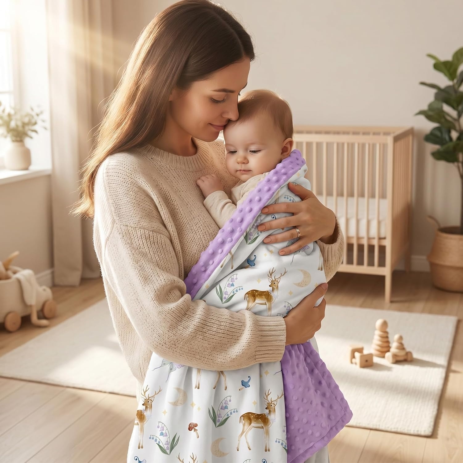 image:imageBaby Blankets for Boys Girls Yellow Dinosaur 30x40 Soft Cozy Fleece Receiving Blanket for Newborn amp Toddler 3D Minky Dotted Backing Breathable for Crib Stroller amp Tummy TimePurple Deer