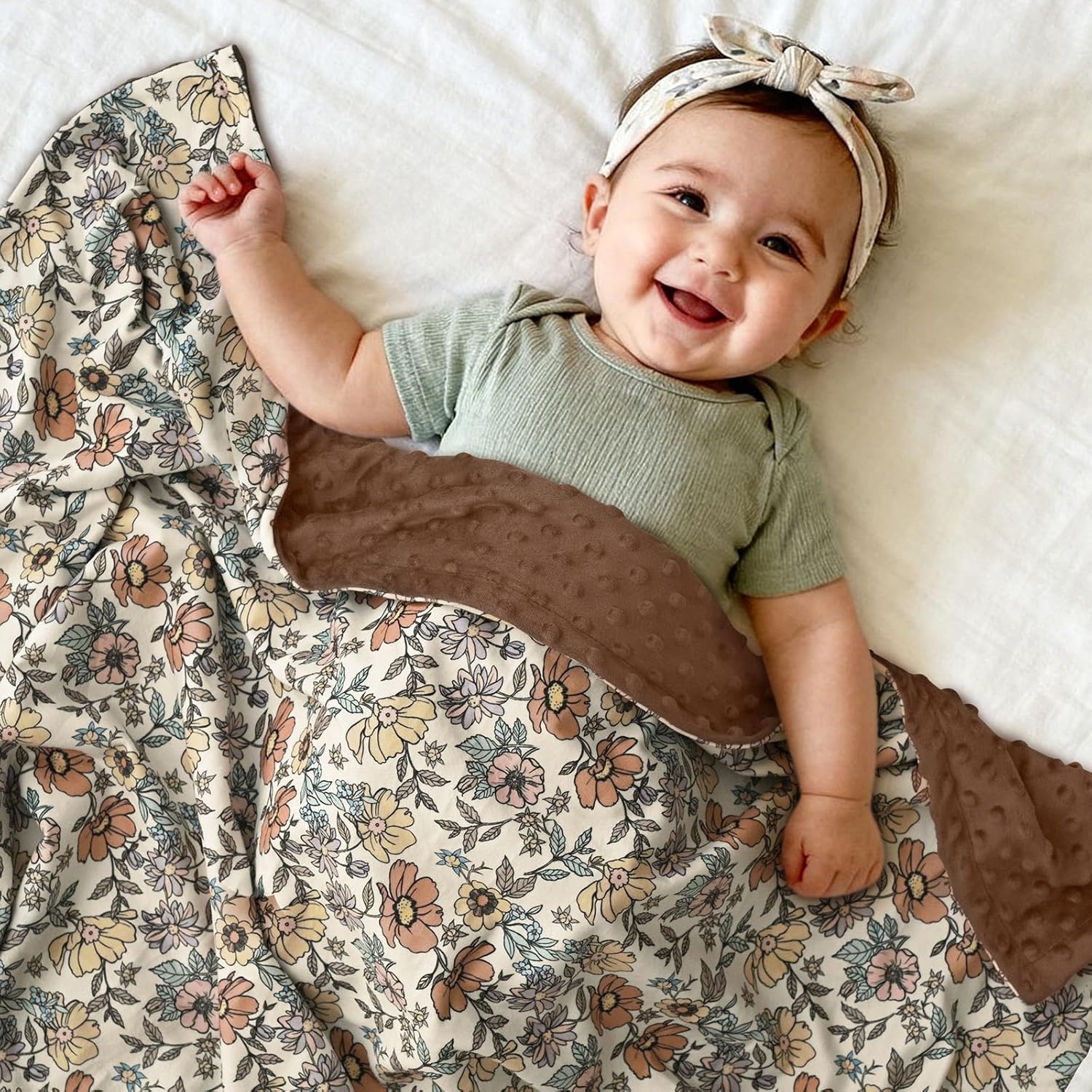 image:imageBaby Blankets for Boys Girls Yellow Dinosaur 30x40 Soft Cozy Fleece Receiving Blanket for Newborn amp Toddler 3D Minky Dotted Backing Breathable for Crib Stroller amp Tummy TimeChocolate Retro Floral