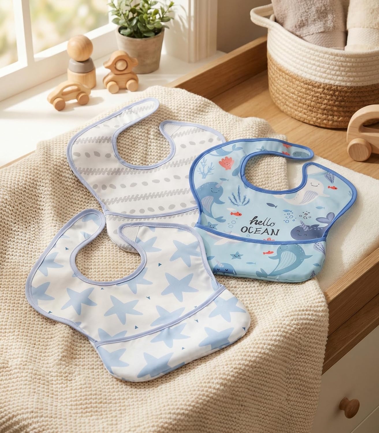 image:image3Pack Baby Feeding Bibs Waterproof StainResistant 3D Food Catcher Soft Lightweight Design for BabyLed Weaning Infants amp Toddlers 324 Months Safari AnimalsLight Blue Ocean