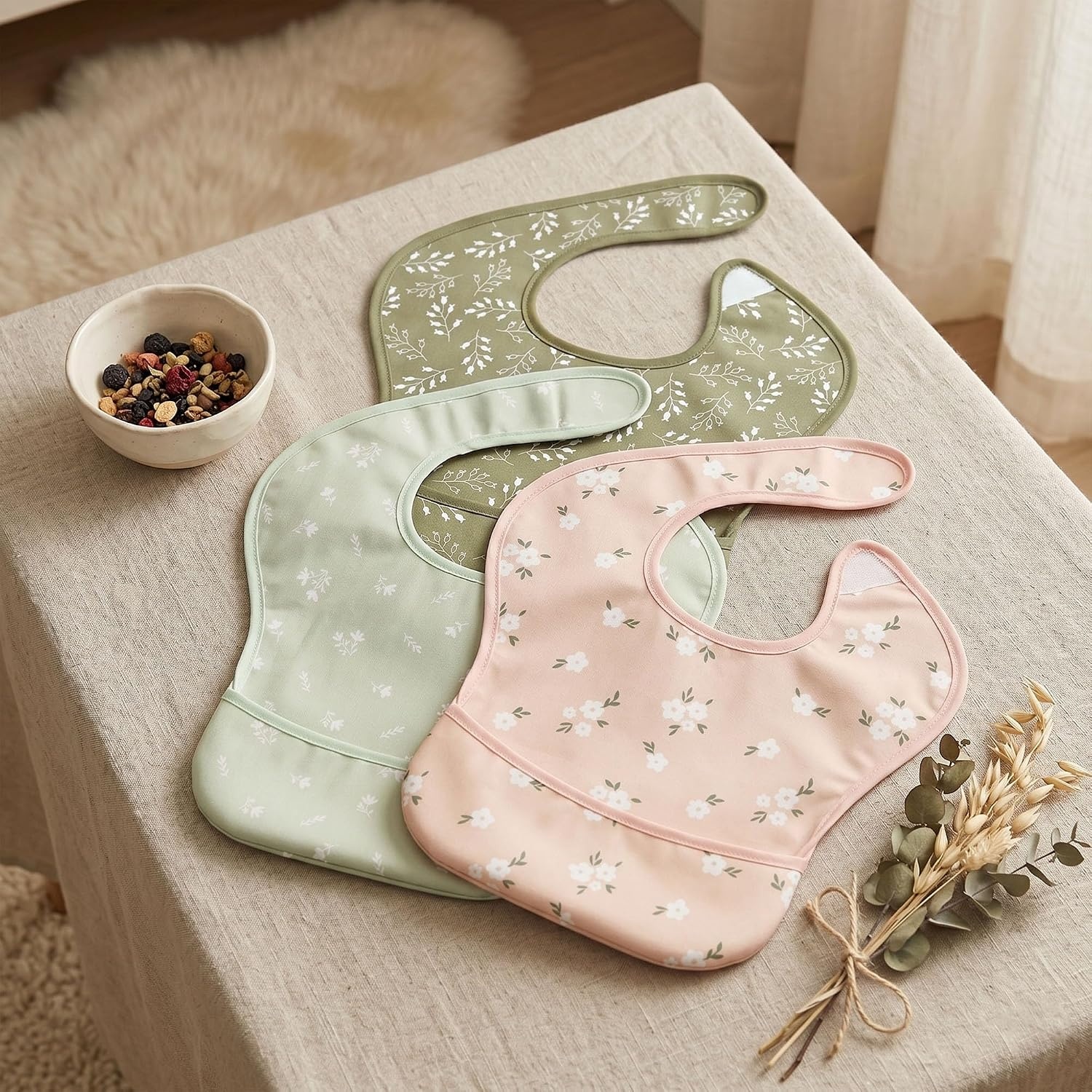 image:image3Pack Baby Feeding Bibs Waterproof StainResistant 3D Food Catcher Soft Lightweight Design for BabyLed Weaning Infants amp Toddlers 324 Months Safari AnimalsGreen Bloom