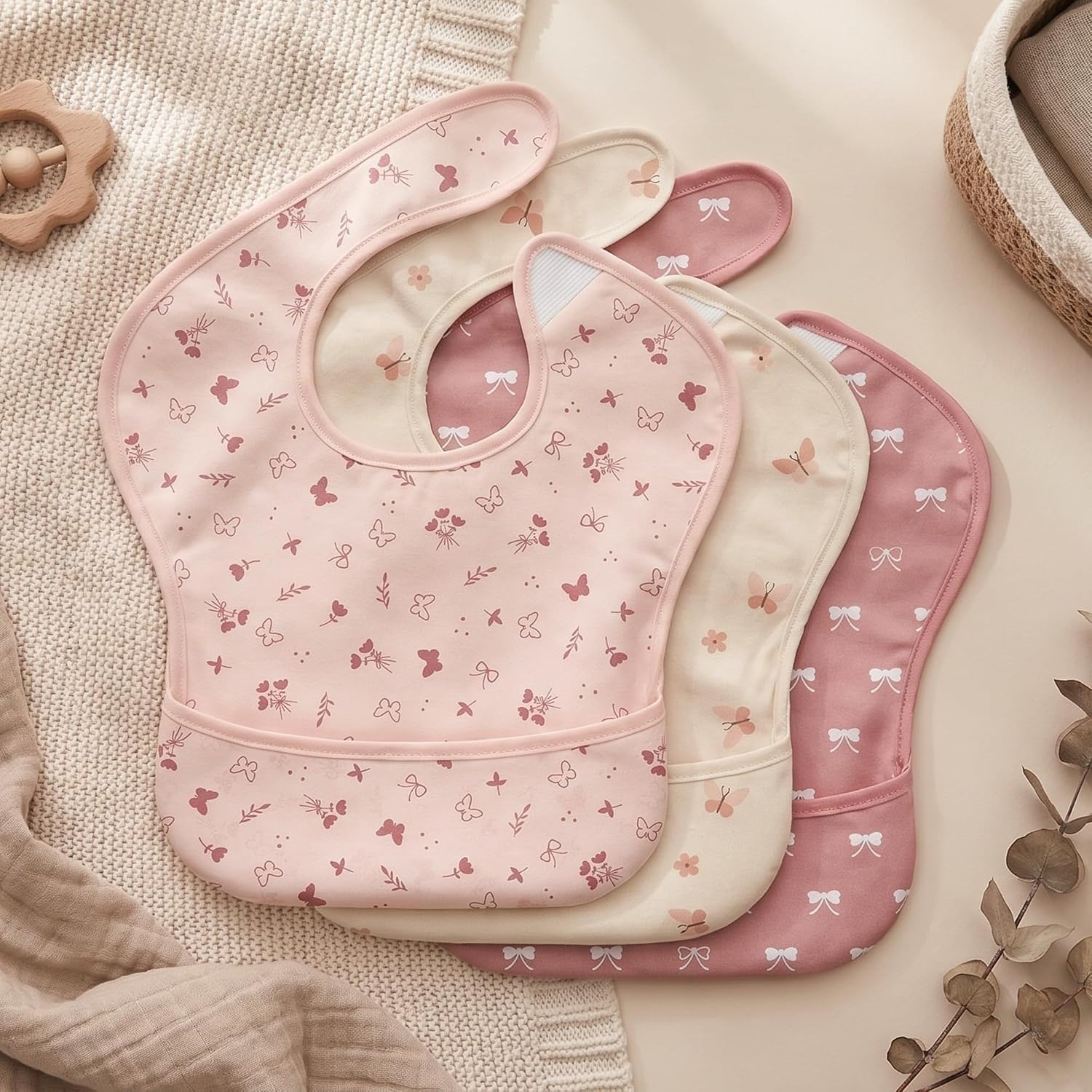 image:image3Pack Baby Feeding Bibs Waterproof StainResistant 3D Food Catcher Soft Lightweight Design for BabyLed Weaning Infants amp Toddlers 324 Months Safari AnimalsPink Butterflies