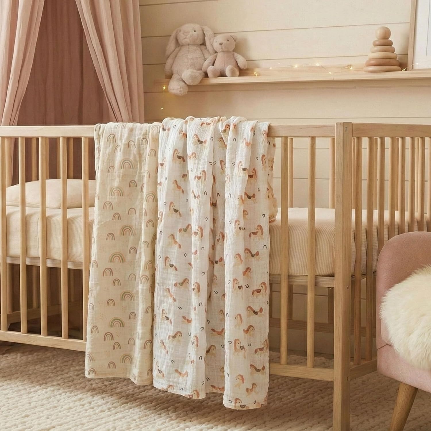 image:image4Pack Muslin Swaddle Blankets for Newborns 100 Cotton Breathable Soft Muslin Large 315x433 MultiUse Stroller Sunshade Nursing Cover amp Receiving Blanket Bear CheckeredOrange Rainbow Horse