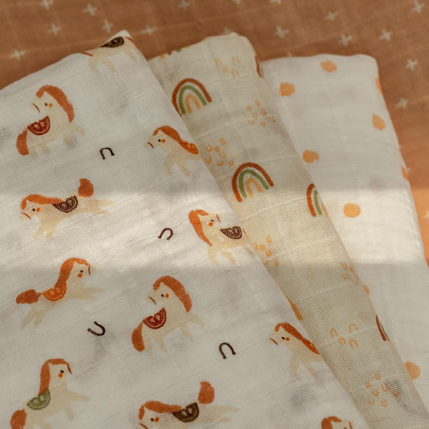 image:image4Pack Muslin Swaddle Blankets for Newborns 100 Cotton Breathable Soft Muslin Large 315x433 MultiUse Stroller Sunshade Nursing Cover amp Receiving Blanket Bear CheckeredOrange Rainbow Horse