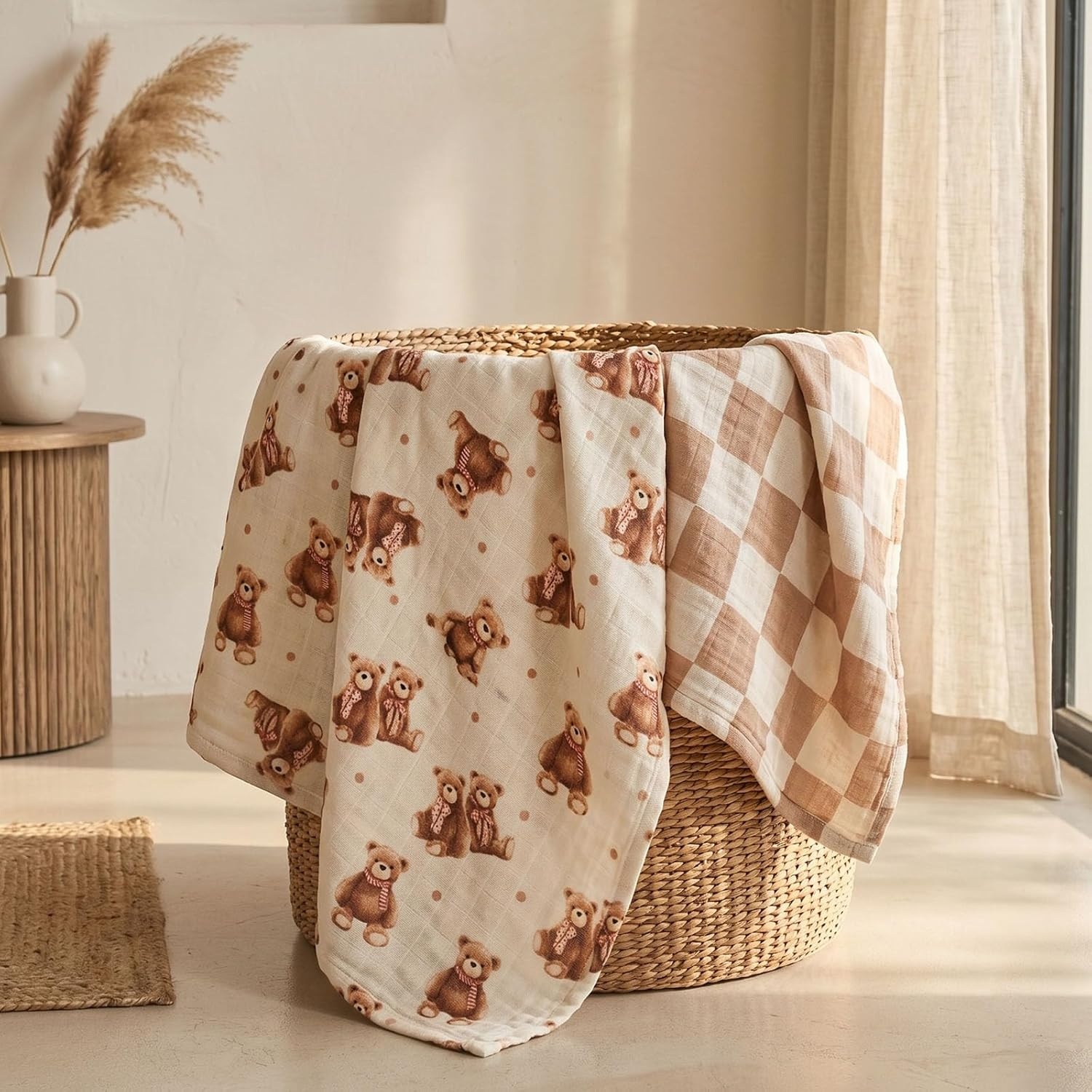 image:image4Pack Muslin Swaddle Blankets for Newborns 100 Cotton Breathable Soft Muslin Large 315x433 MultiUse Stroller Sunshade Nursing Cover amp Receiving Blanket Bear CheckeredBear Checkered
