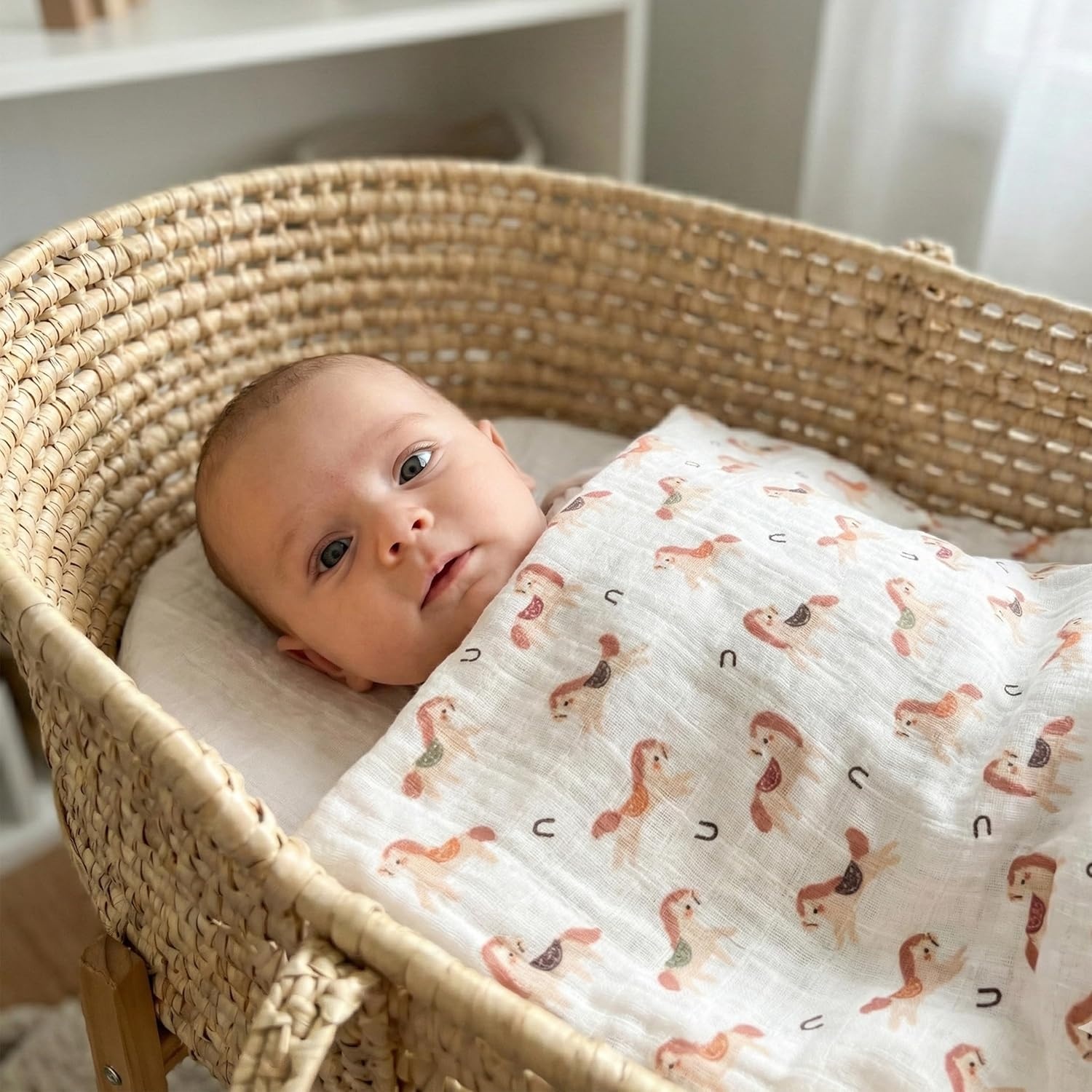image:image4Pack Muslin Swaddle Blankets for Newborns 100 Cotton Breathable Soft Muslin Large 315x433 MultiUse Stroller Sunshade Nursing Cover amp Receiving Blanket Bear CheckeredOrange Rainbow Horse