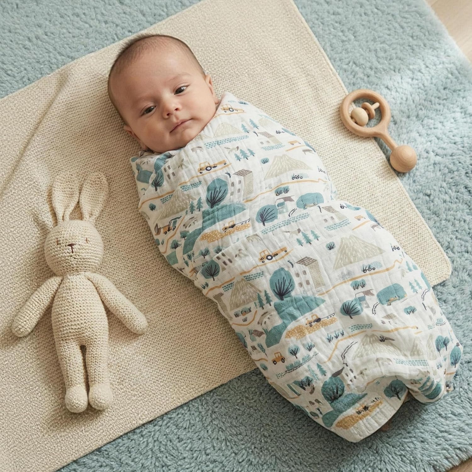 image:image4Pack Muslin Swaddle Blankets for Newborns 100 Cotton Breathable Soft Muslin Large 315x433 MultiUse Stroller Sunshade Nursing Cover amp Receiving Blanket Bear CheckeredLight Blue Farm Country