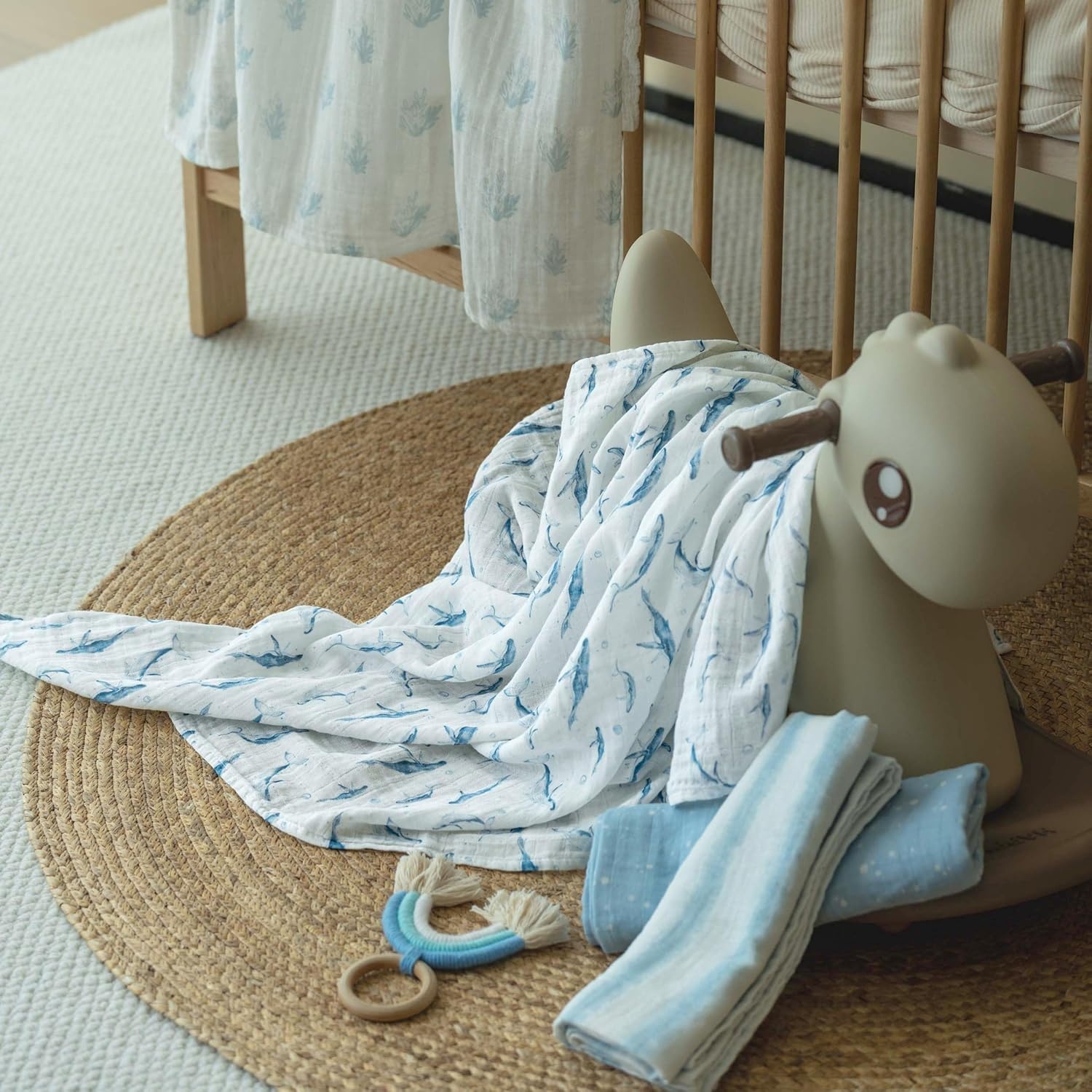 image:image4Pack Muslin Swaddle Blankets for Newborns 100 Cotton Breathable Soft Muslin Large 315x433 MultiUse Stroller Sunshade Nursing Cover amp Receiving Blanket Bear CheckeredBlue Ocean Whale