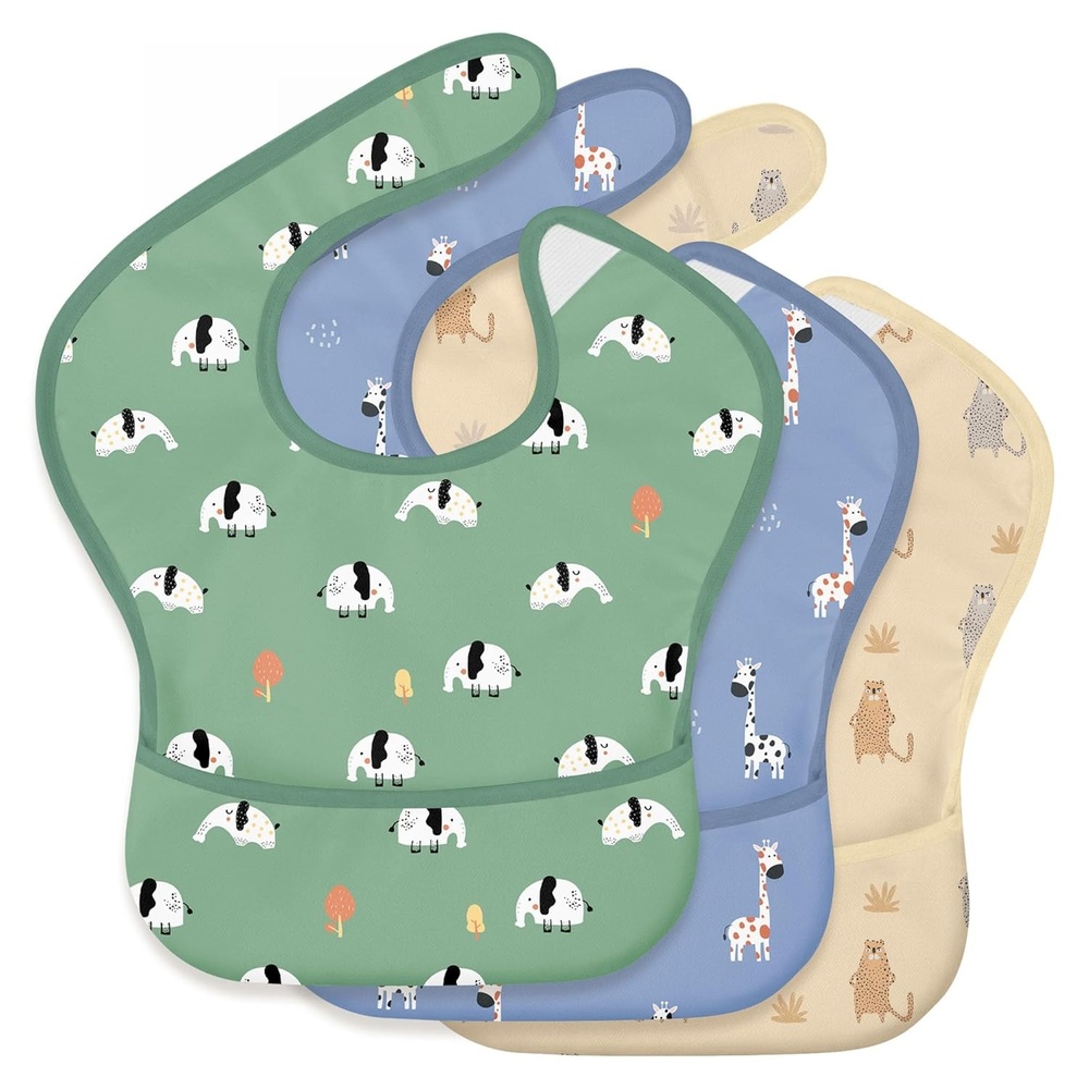 image:image3Pack Baby Feeding Bibs Waterproof StainResistant 3D Food Catcher Soft Lightweight Design for BabyLed Weaning Infants amp Toddlers 324 Months Safari AnimalsSafari Animals