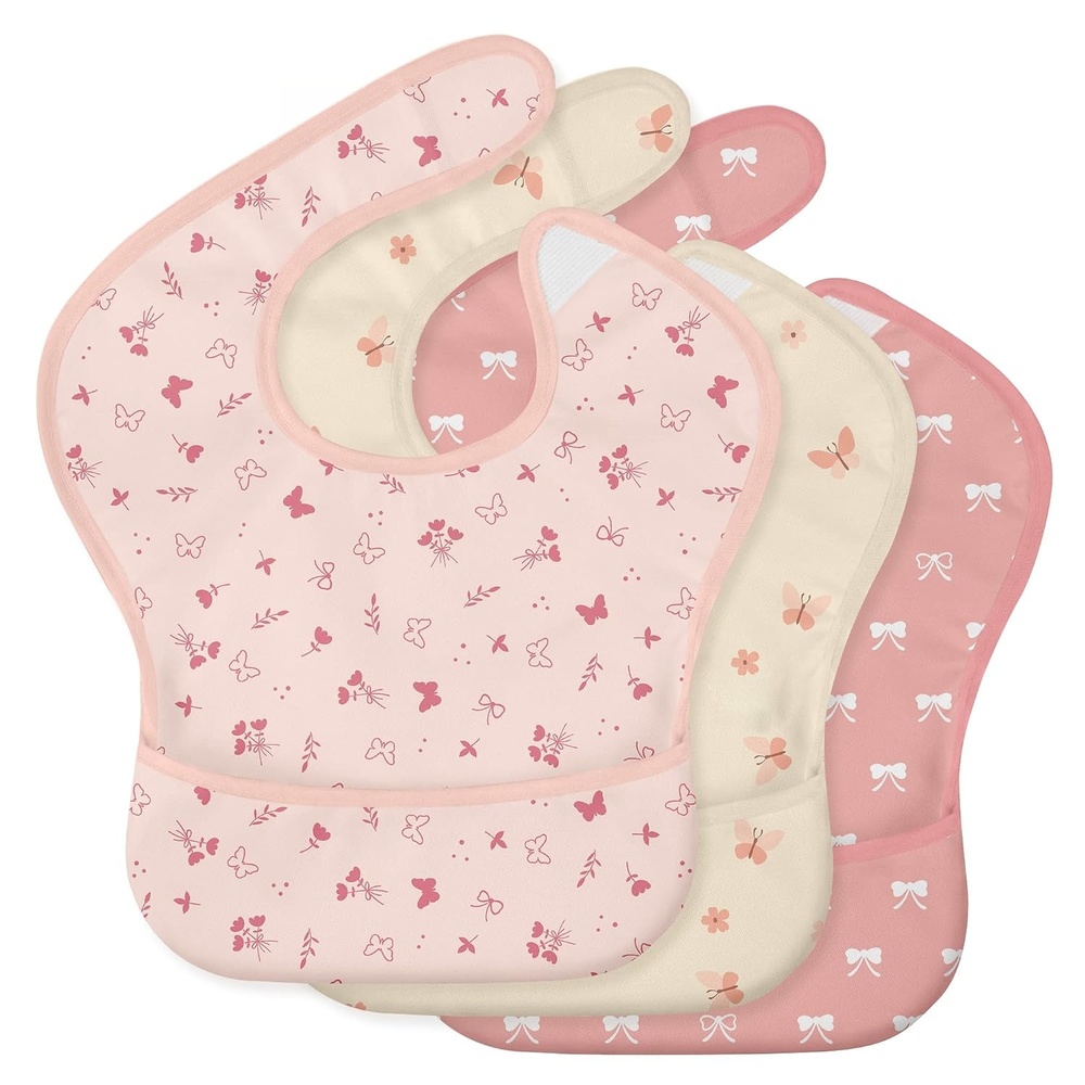 image:image3Pack Baby Feeding Bibs Waterproof StainResistant 3D Food Catcher Soft Lightweight Design for BabyLed Weaning Infants amp Toddlers 324 Months Safari AnimalsPink Butterflies