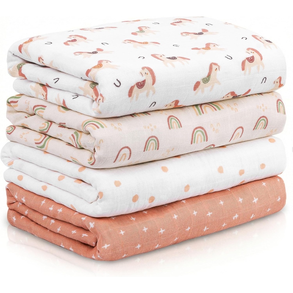 image:image4Pack Muslin Swaddle Blankets for Newborns 100 Cotton Breathable Soft Muslin Large 315x433 MultiUse Stroller Sunshade Nursing Cover amp Receiving Blanket Bear CheckeredOrange Rainbow Horse