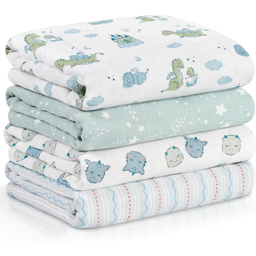 image:image4Pack Muslin Swaddle Blankets for Newborns 100 Cotton Breathable Soft Muslin Large 315x433 MultiUse Stroller Sunshade Nursing Cover amp Receiving Blanket Bear CheckeredBlue Dinosaur