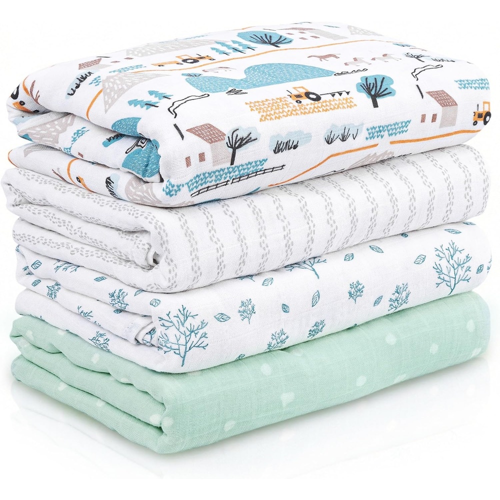 image:image4Pack Muslin Swaddle Blankets for Newborns 100 Cotton Breathable Soft Muslin Large 315x433 MultiUse Stroller Sunshade Nursing Cover amp Receiving Blanket Bear CheckeredLight Blue Farm Country