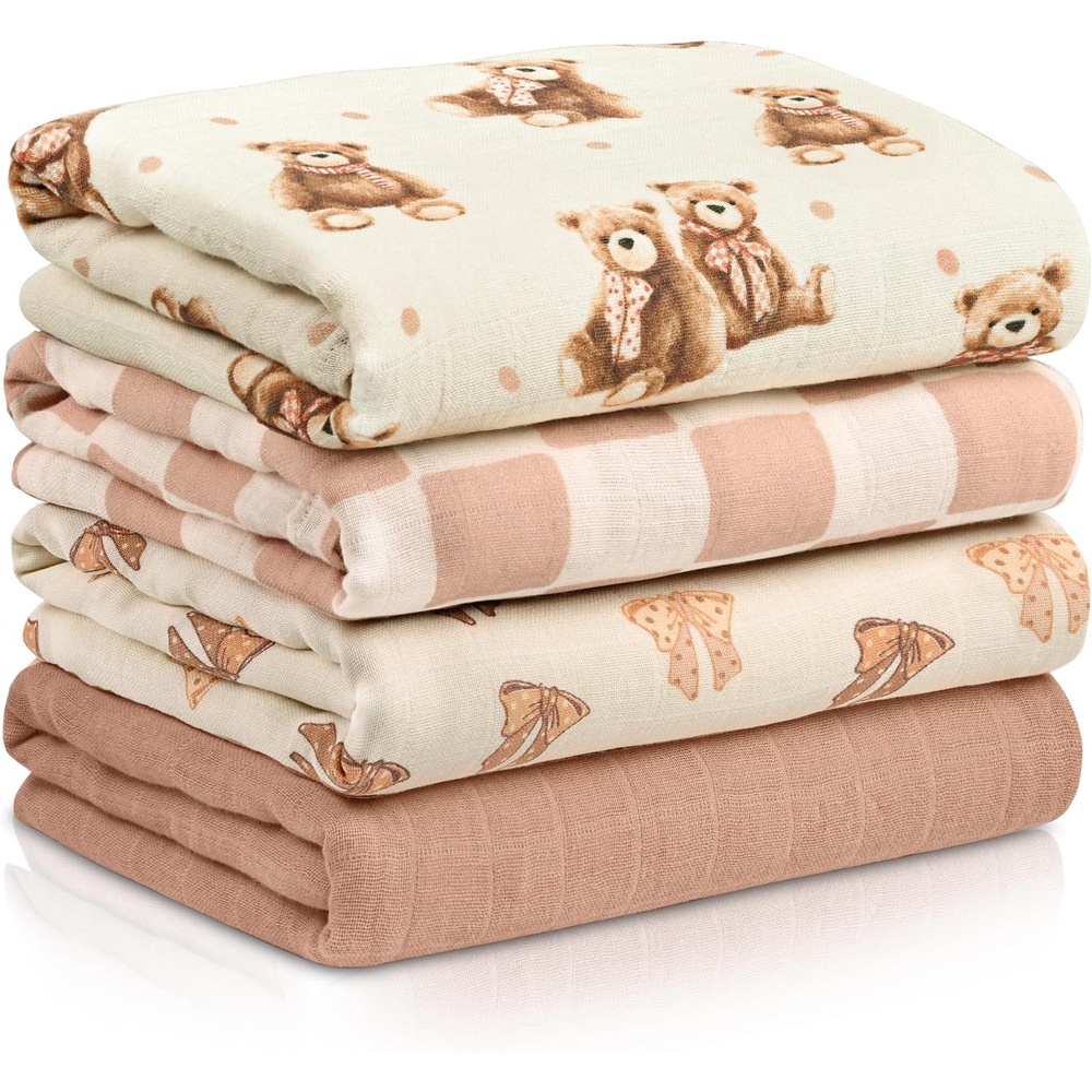 image:image4Pack Muslin Swaddle Blankets for Newborns 100 Cotton Breathable Soft Muslin Large 315x433 MultiUse Stroller Sunshade Nursing Cover amp Receiving Blanket Bear CheckeredBear Checkered
