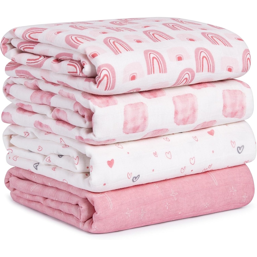 image:image4Pack Muslin Swaddle Blankets for Newborns 100 Cotton Breathable Soft Muslin Large 315x433 MultiUse Stroller Sunshade Nursing Cover amp Receiving Blanket Bear CheckeredPink Rainbow