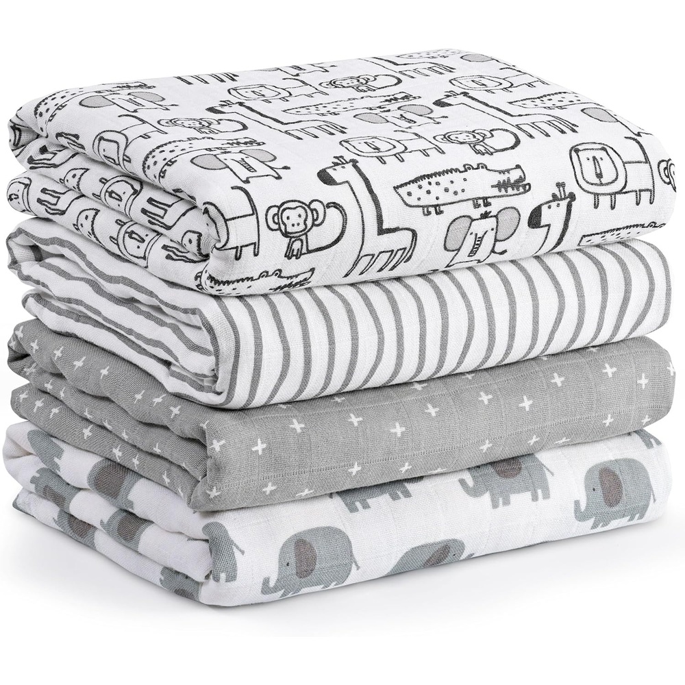 image:image4Pack Muslin Swaddle Blankets for Newborns 100 Cotton Breathable Soft Muslin Large 315x433 MultiUse Stroller Sunshade Nursing Cover amp Receiving Blanket Bear CheckeredGrey Animals
